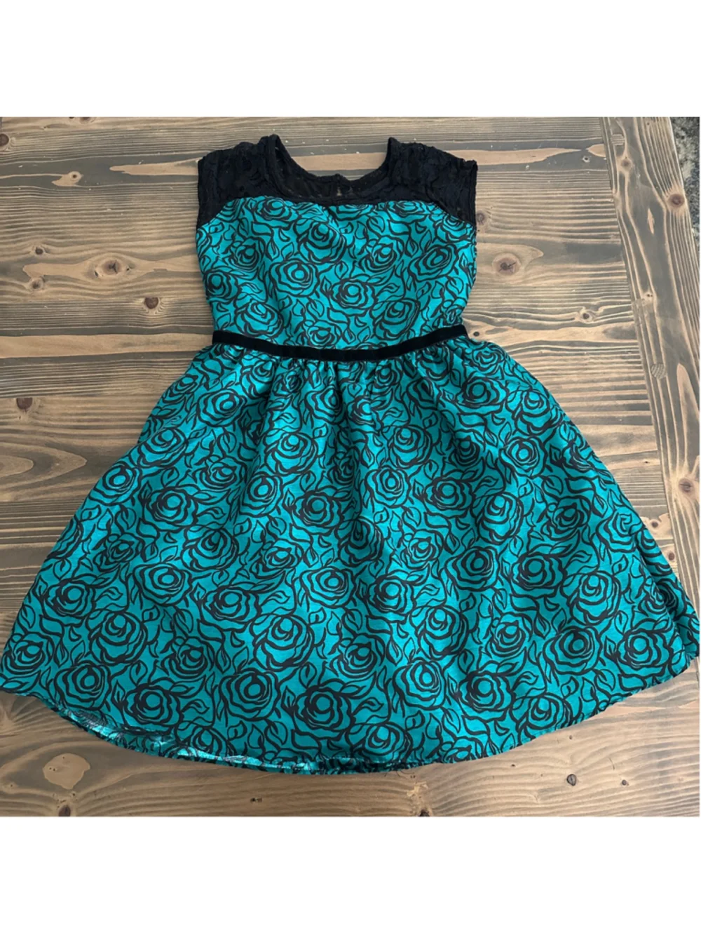 Gymboree Dressed Up Girls Dress Size 10 Teal Black Rose Print Lace Tulle